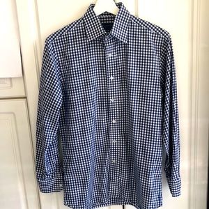 Man’s Cotton Blue White checkered dress casual button down long sleeve shirt.
